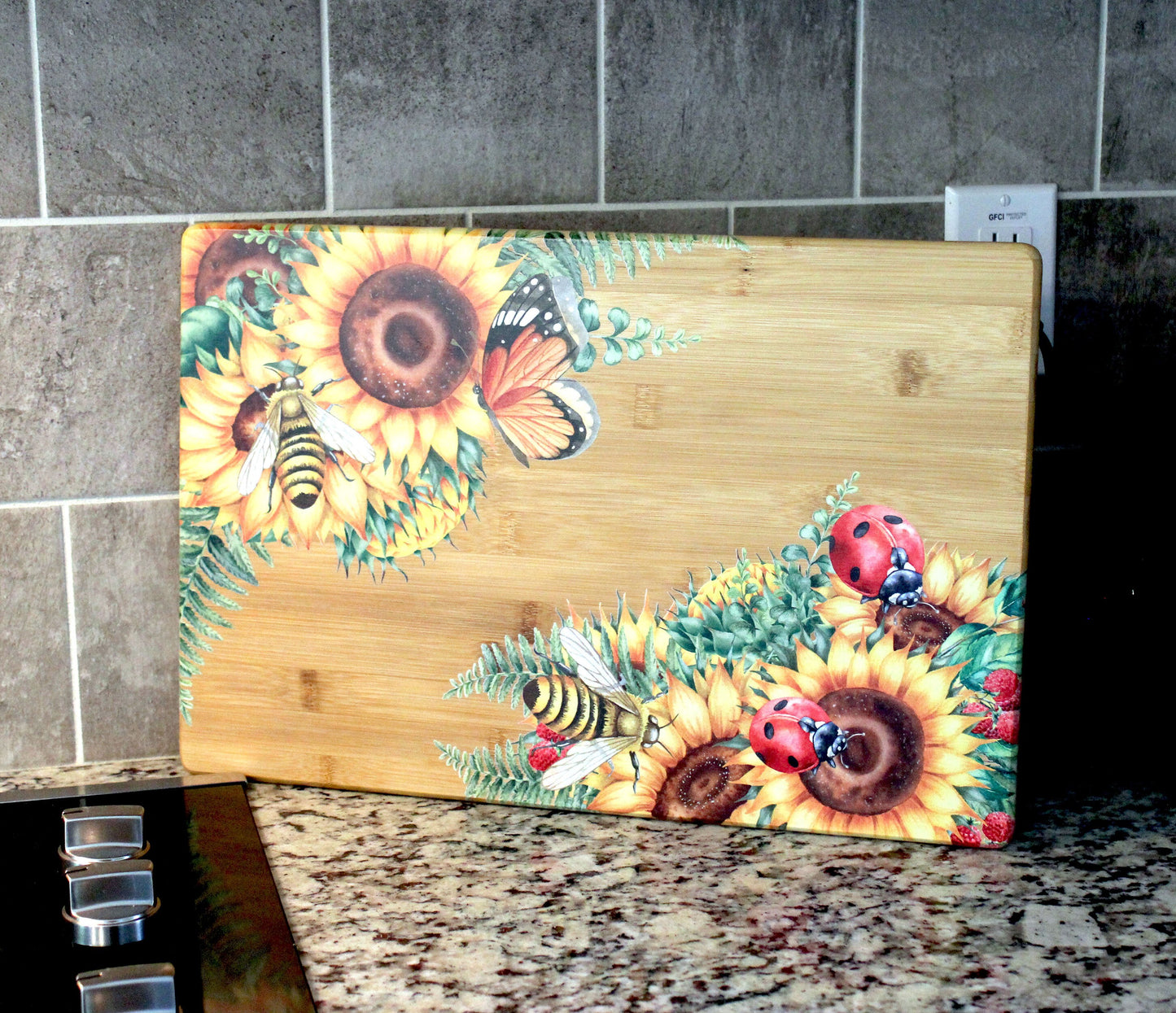 Sunflowers, Butterflies, Bees & Lady Bugs Brighten up your Kitchen Decor with this Environmentally Friendly Bamboo Board Printed with UV Ink