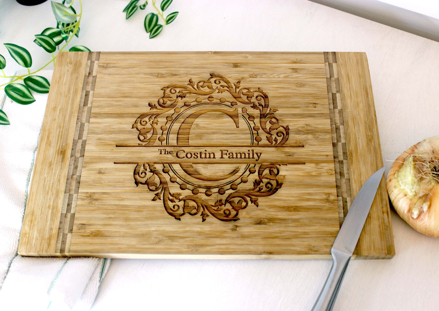 Split Monogram Personalized Bamboo Cutting Board with Easel - Eco-Friendly Housewarming Gift for New Home