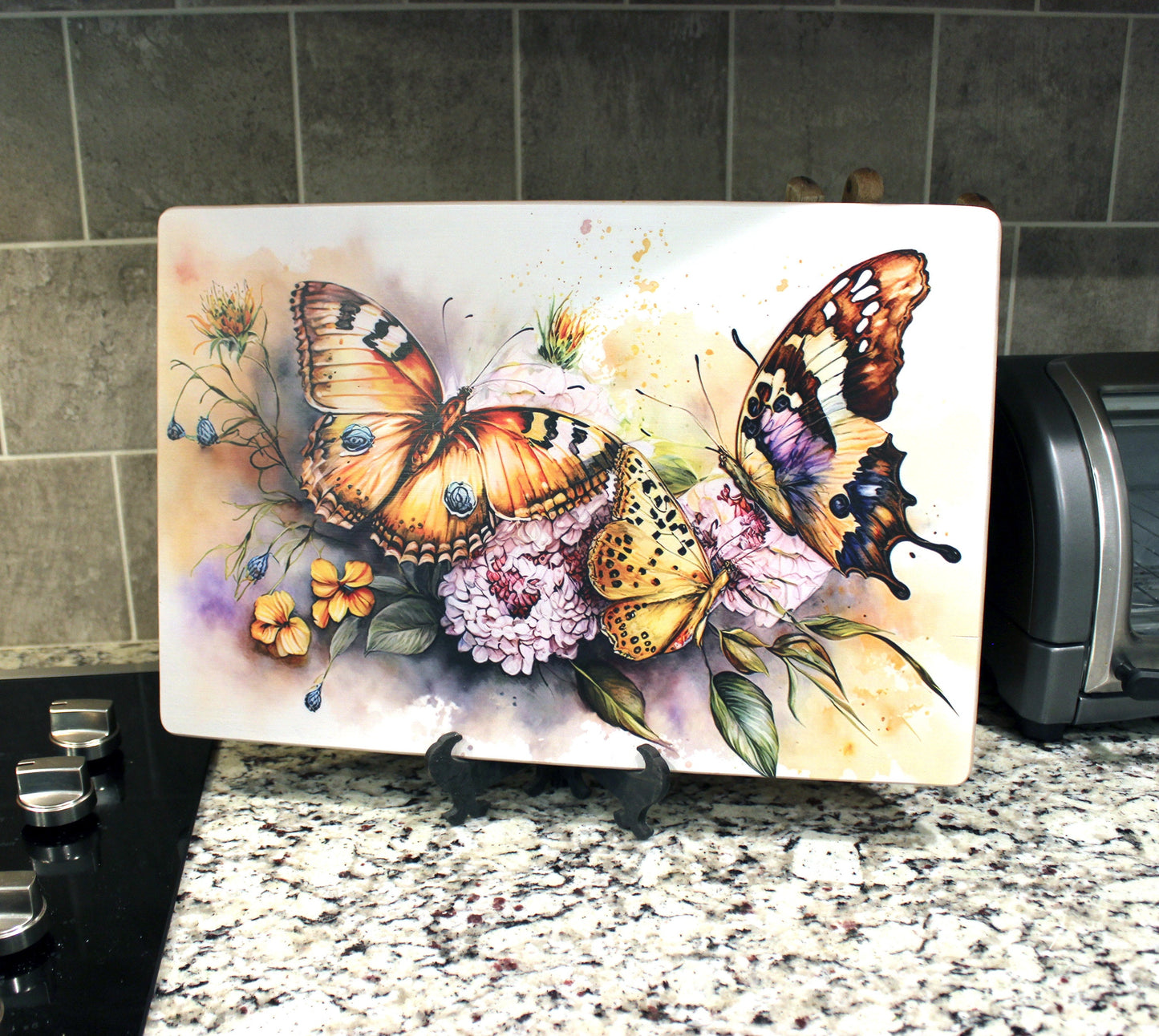 Colorful Butterflies with Spring Flowers Brighten up your Kitchen Decor, Environmentally Friendly Bamboo Cutting Board Decorated with UV Ink