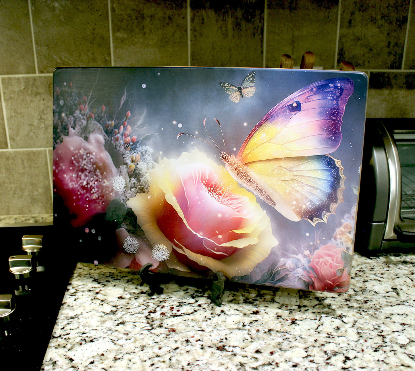 Large Colorful Butterfly with Pink Roses Brighten up your Kitchen Decor, Environmentally Friendly Bamboo Cutting Board Decorated with UV Ink