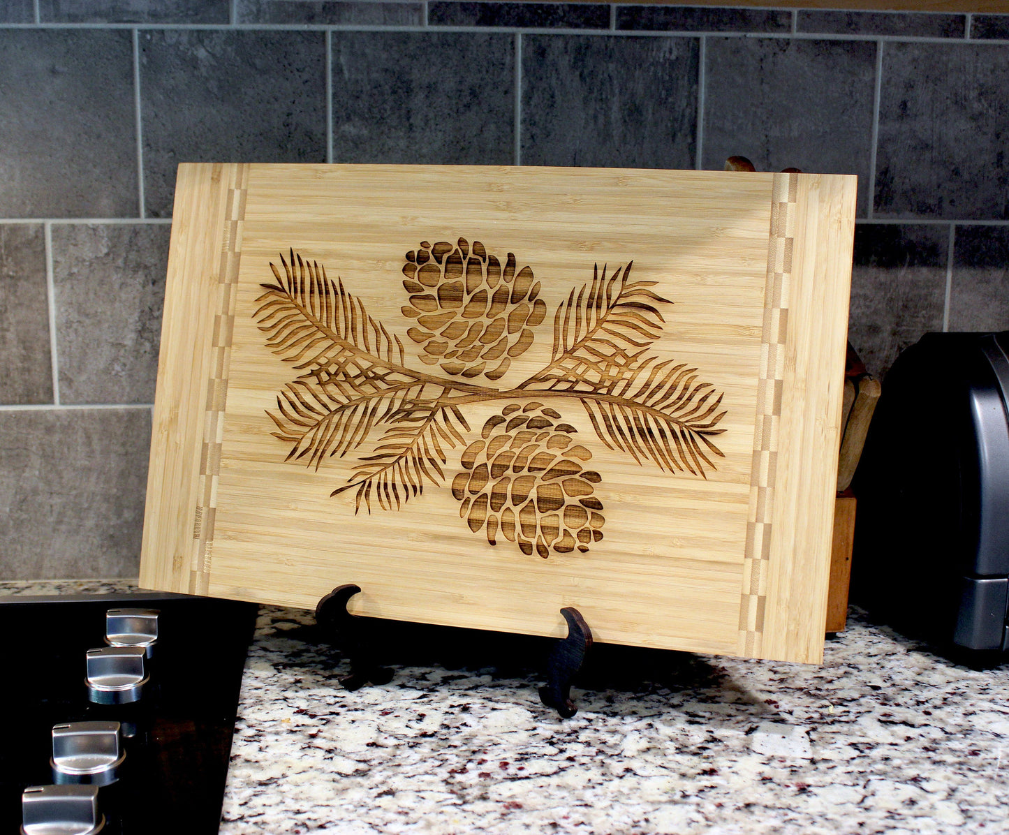Pine Cone Home Decor - Bamboo Cutting Board with a decorative pinecone design - Environmentally Friendly Gifts, Wooden Easel Included