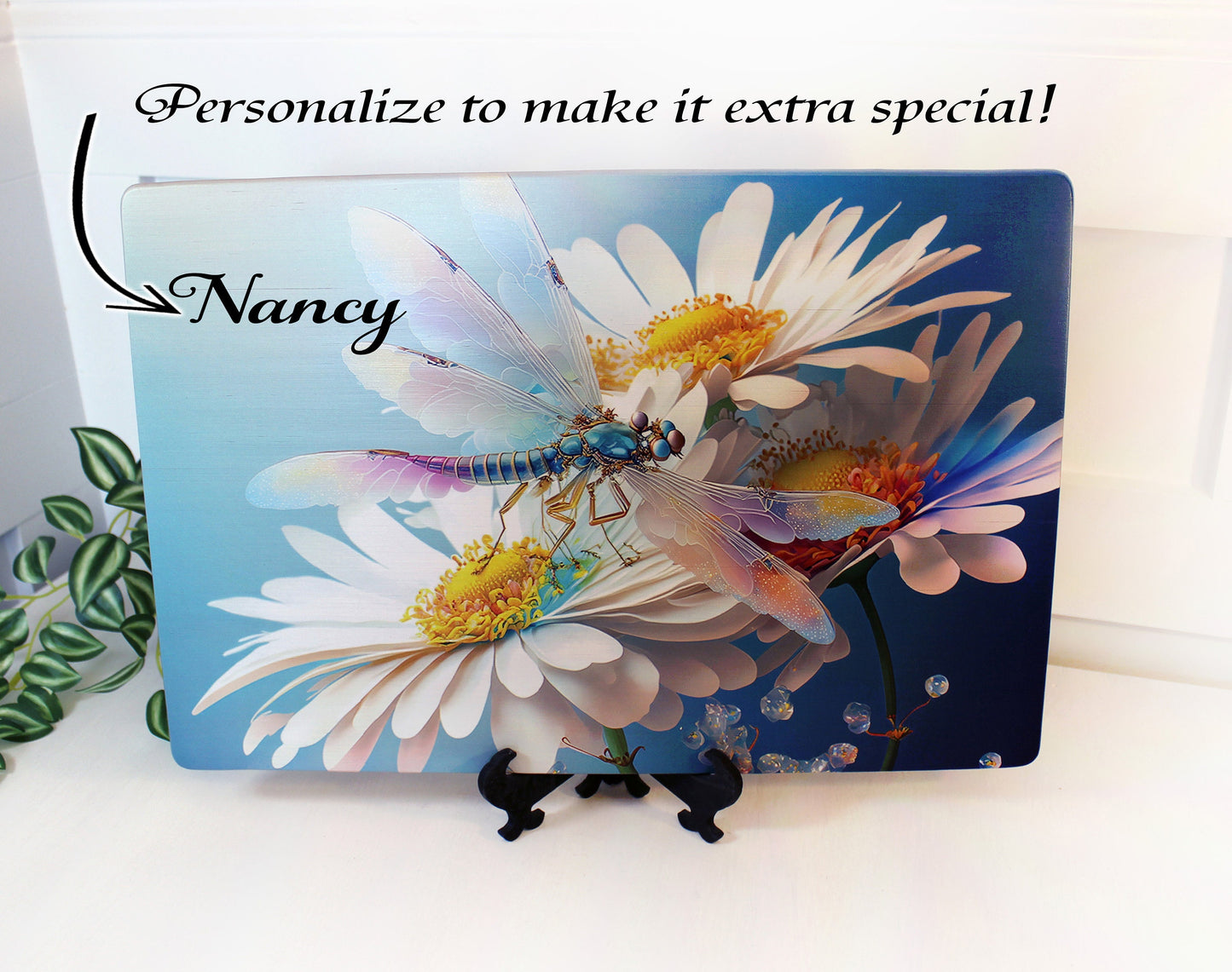 Dragonfly and Daisy Flowers Brighten up your Kitchen Decor, an Environmentally Friendly Bamboo Cutting Board Decorated with UV Ink