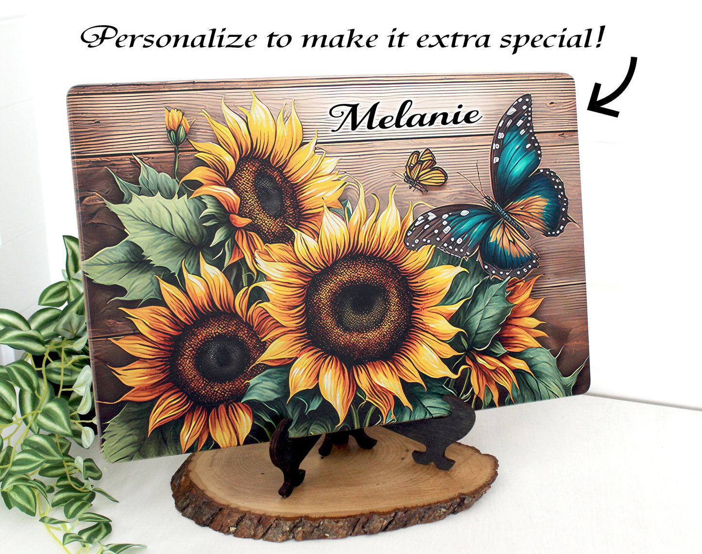 Personalized Farmhouse Cutting Board, Decorative Sunflower and Butterfly Lovers Gift, Custom Bamboo Cheese Board, Rustic Kitchen Decor
