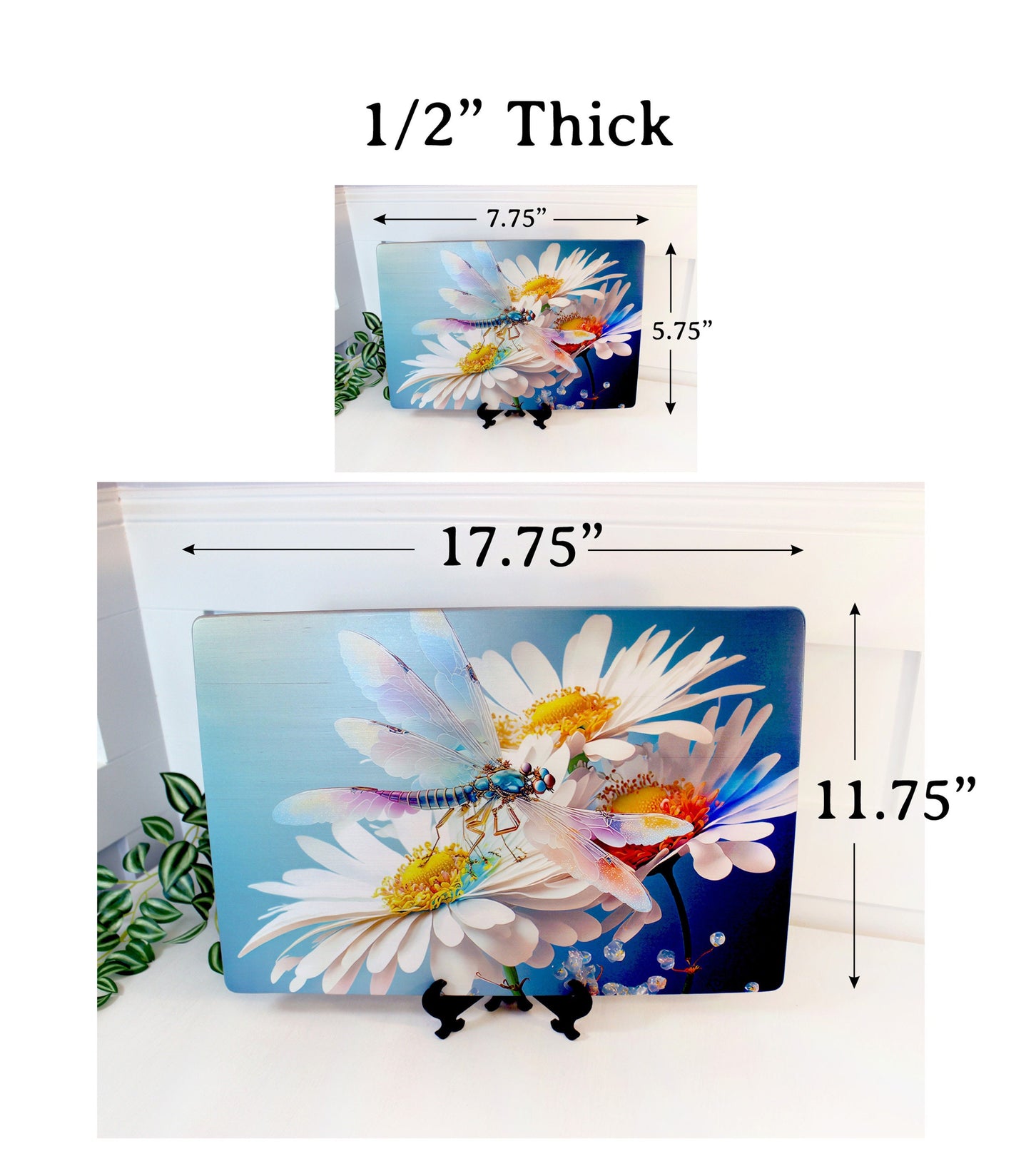 Dragonfly and Daisy Flowers Brighten up your Kitchen Decor, an Environmentally Friendly Bamboo Cutting Board Decorated with UV Ink