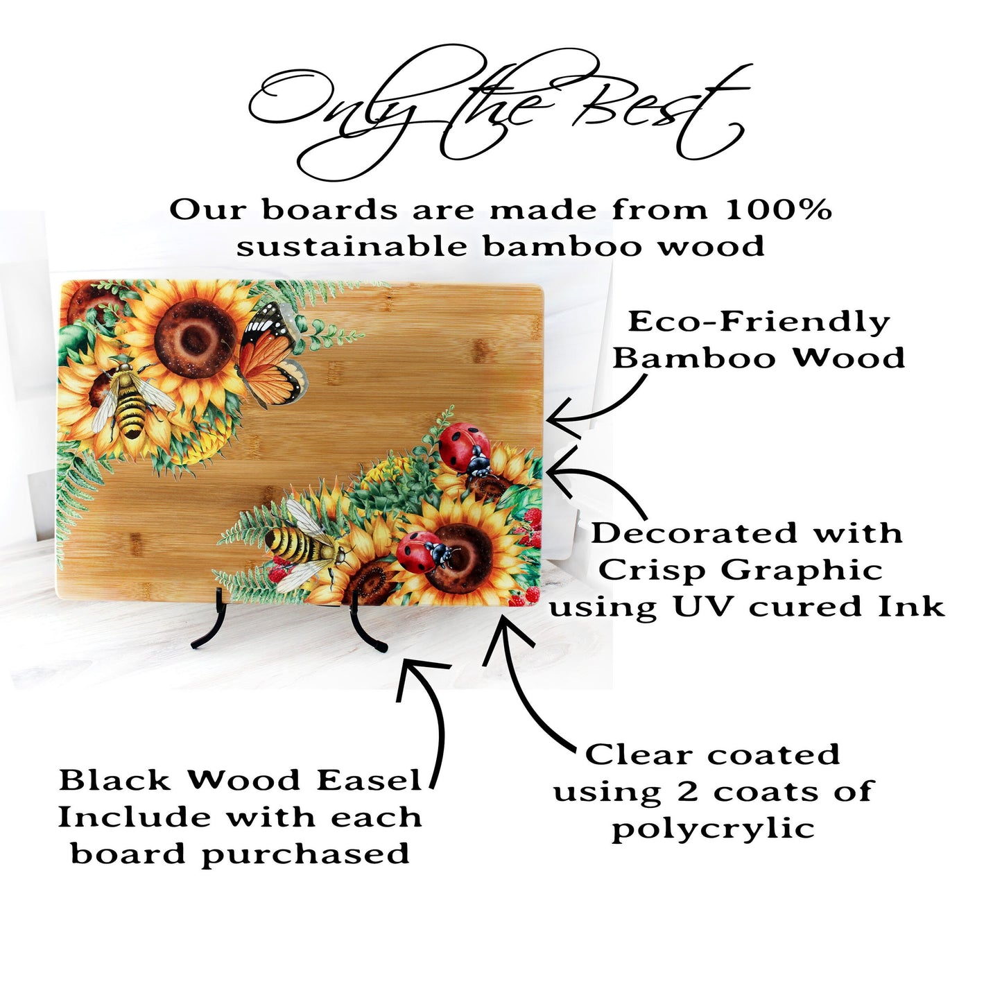 Sunflowers, Butterflies, Bees & Lady Bugs Brighten up your Kitchen Decor with this Environmentally Friendly Bamboo Board Printed with UV Ink