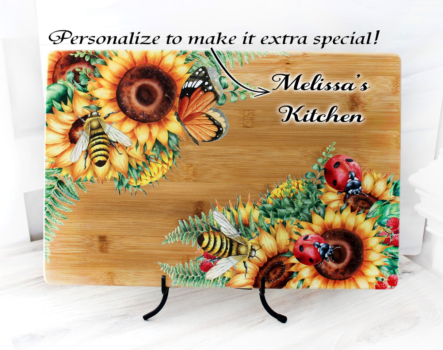 Sunflowers, Butterflies, Bees & Lady Bugs Brighten up your Kitchen Decor with this Environmentally Friendly Bamboo Board Printed with UV Ink