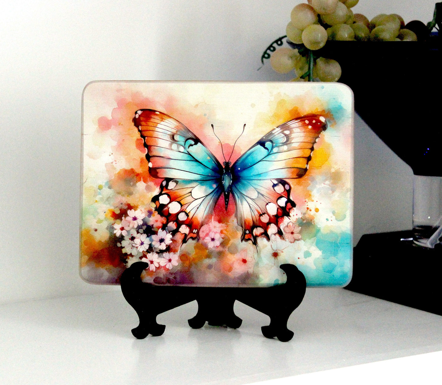 Colorful Blue Butterfly, Spring Flowers Brighten up your Kitchen Decor, Environmentally Friendly Bamboo Cutting Board Decorated with UV Ink