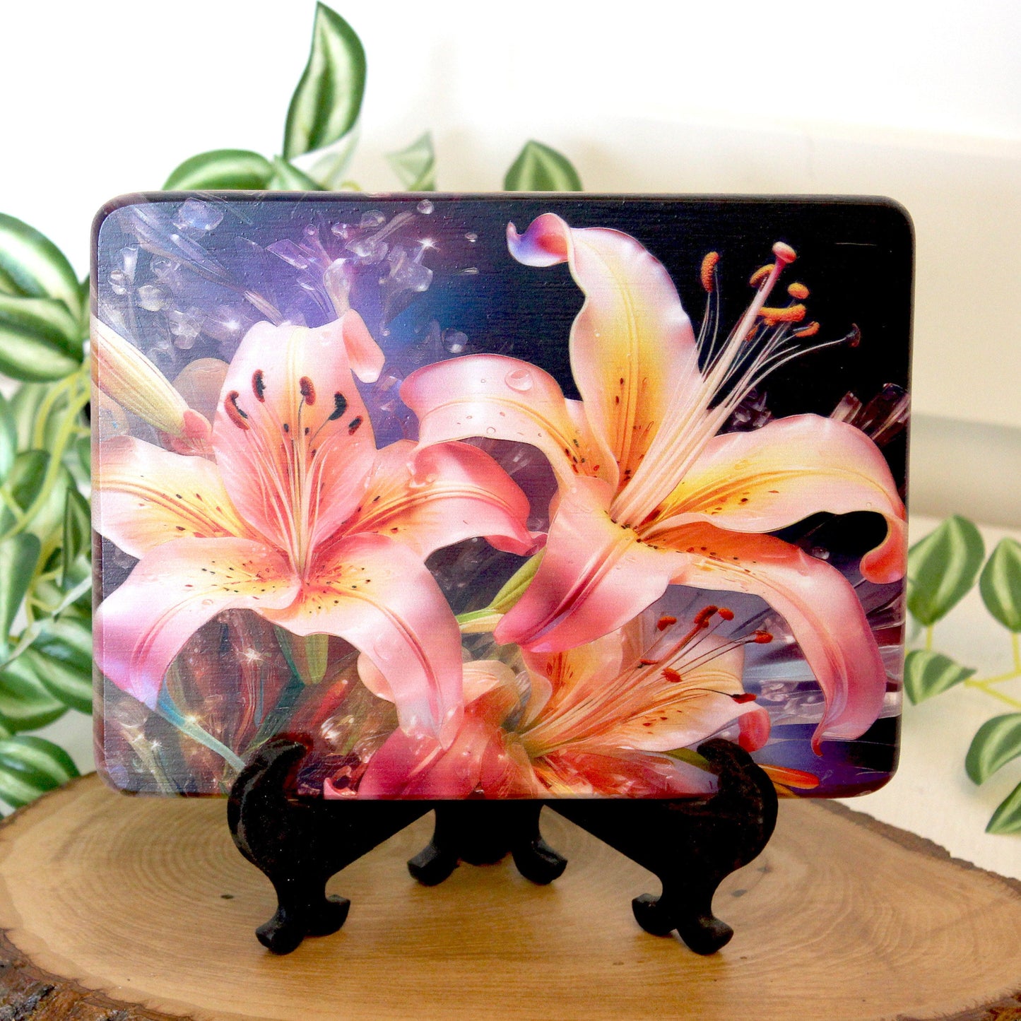 Pink and Yellow Lilies Kitchen Decor, Environmentally Friendly Bamboo Cutting Board Decorated with UV Ink, Unique Lily Floral Design