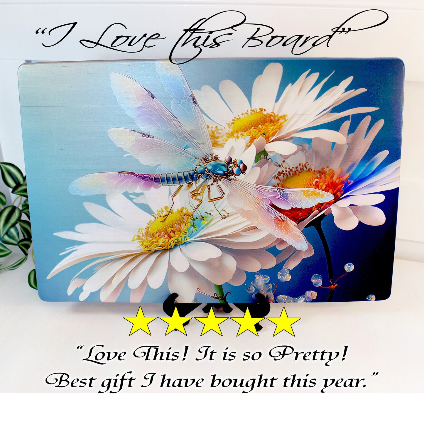 Dragonfly and Daisy Flowers Brighten up your Kitchen Decor, an Environmentally Friendly Bamboo Cutting Board Decorated with UV Ink