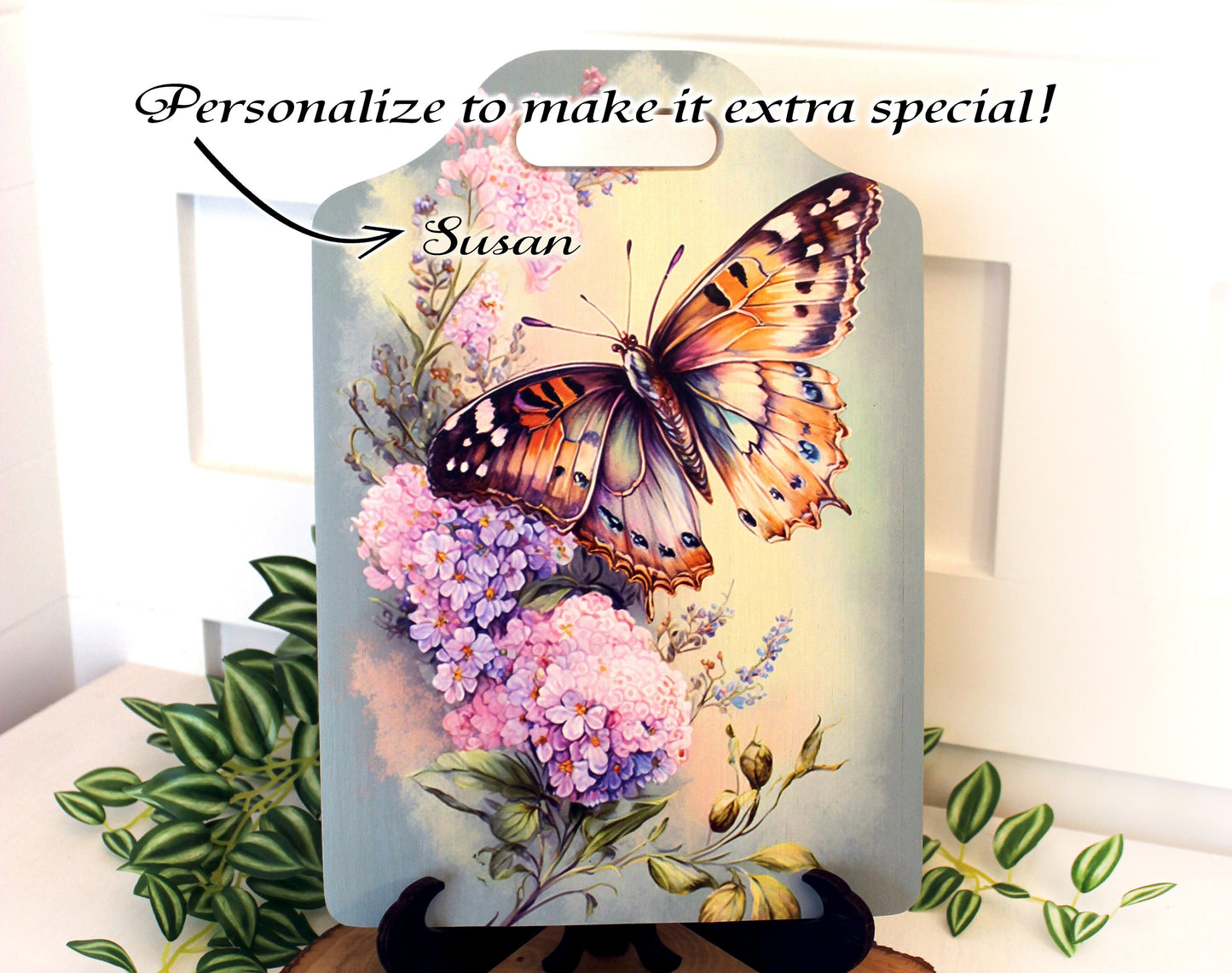 Garden Butterfly Kitchen Decor, Environmentally Friendly Handled Bamboo Cutting Board Decorated with UV Ink with Monarch Butterfly & Lilacs