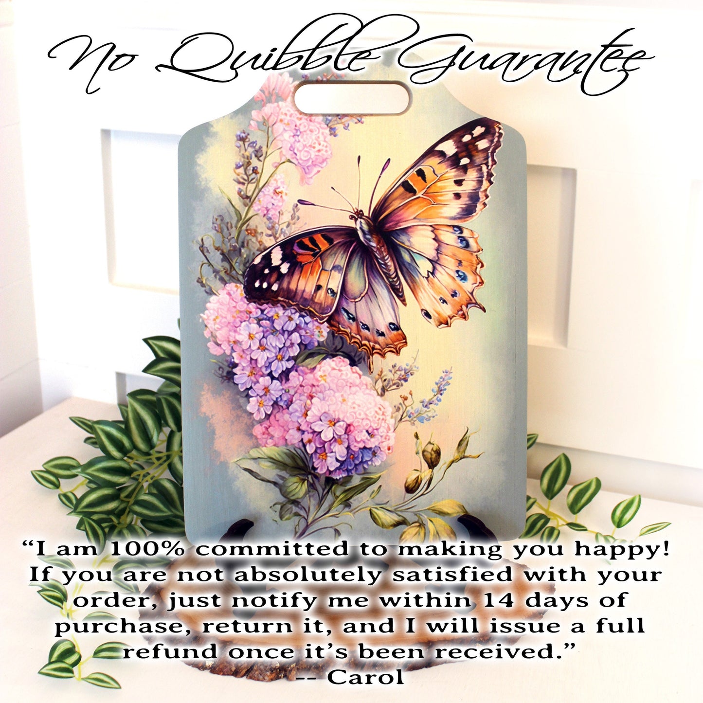 Garden Butterfly Kitchen Decor, Environmentally Friendly Handled Bamboo Cutting Board Decorated with UV Ink with Monarch Butterfly & Lilacs