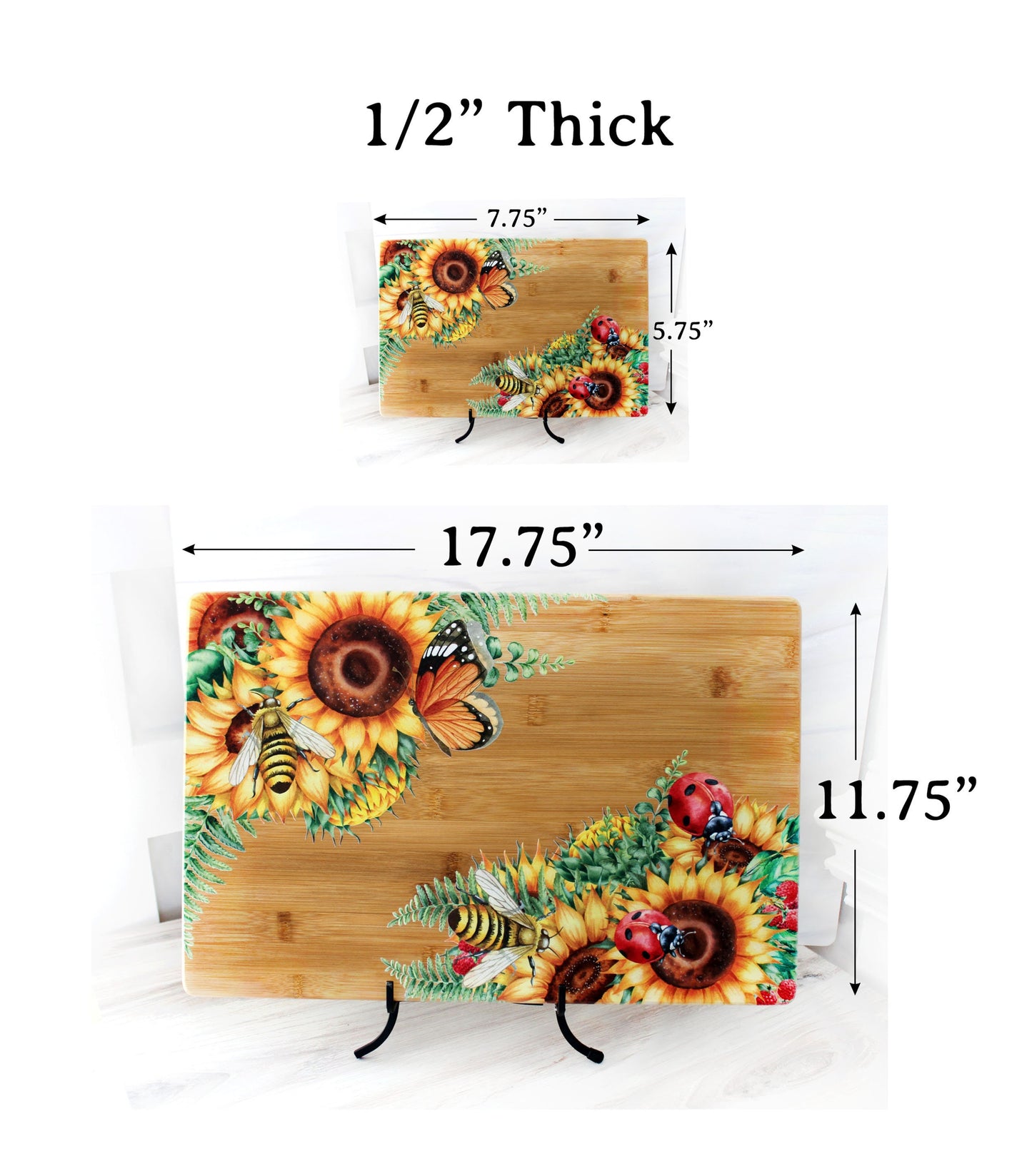 Sunflowers, Butterflies, Bees & Lady Bugs Brighten up your Kitchen Decor with this Environmentally Friendly Bamboo Board Printed with UV Ink