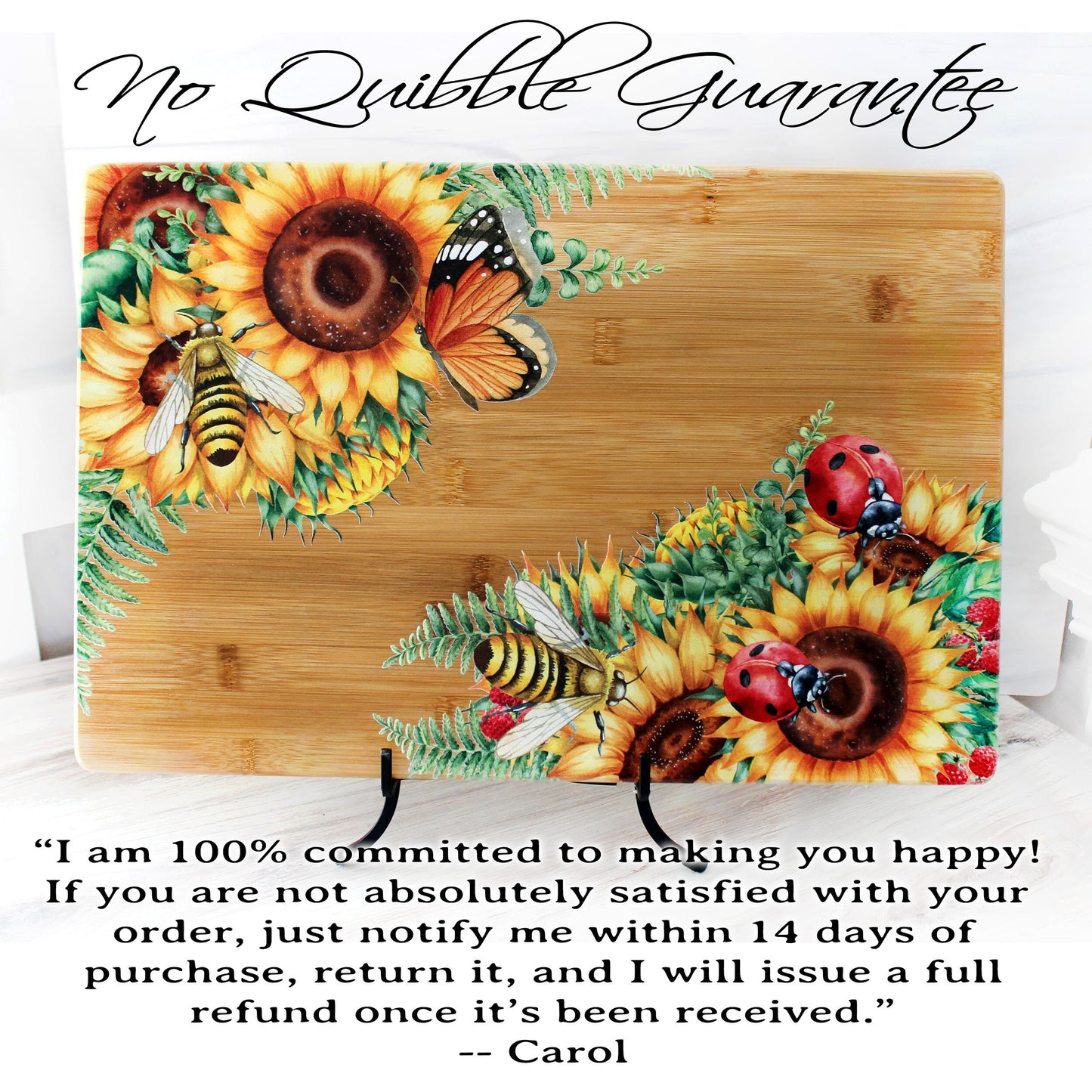 Sunflowers, Butterflies, Bees & Lady Bugs Brighten up your Kitchen Decor with this Environmentally Friendly Bamboo Board Printed with UV Ink