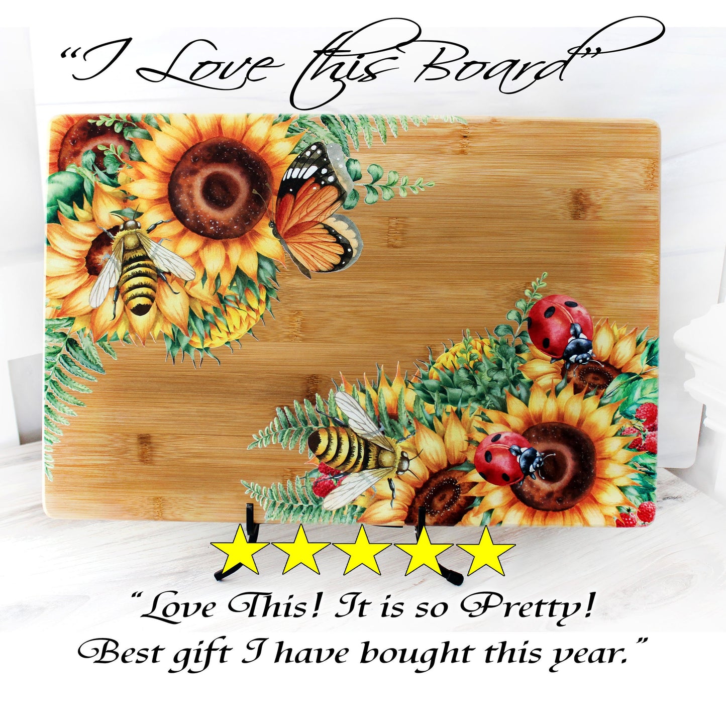 Sunflowers, Butterflies, Bees & Lady Bugs Brighten up your Kitchen Decor with this Environmentally Friendly Bamboo Board Printed with UV Ink