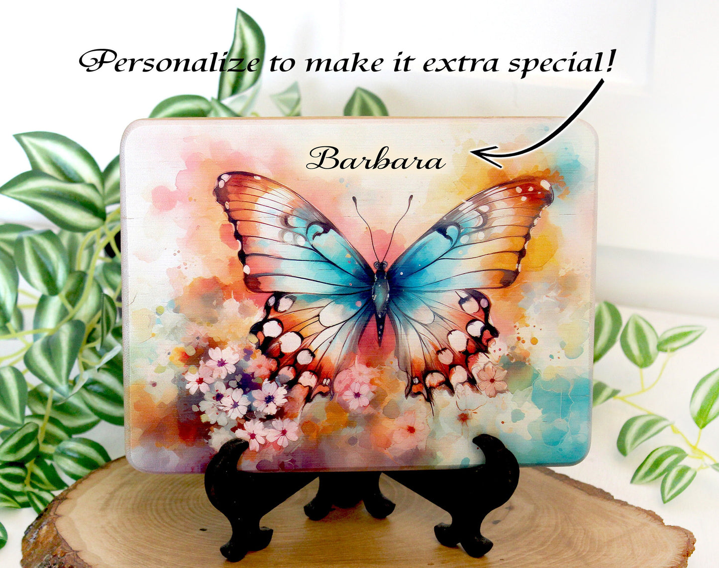 Colorful Blue Butterfly, Spring Flowers Brighten up your Kitchen Decor, Environmentally Friendly Bamboo Cutting Board Decorated with UV Ink