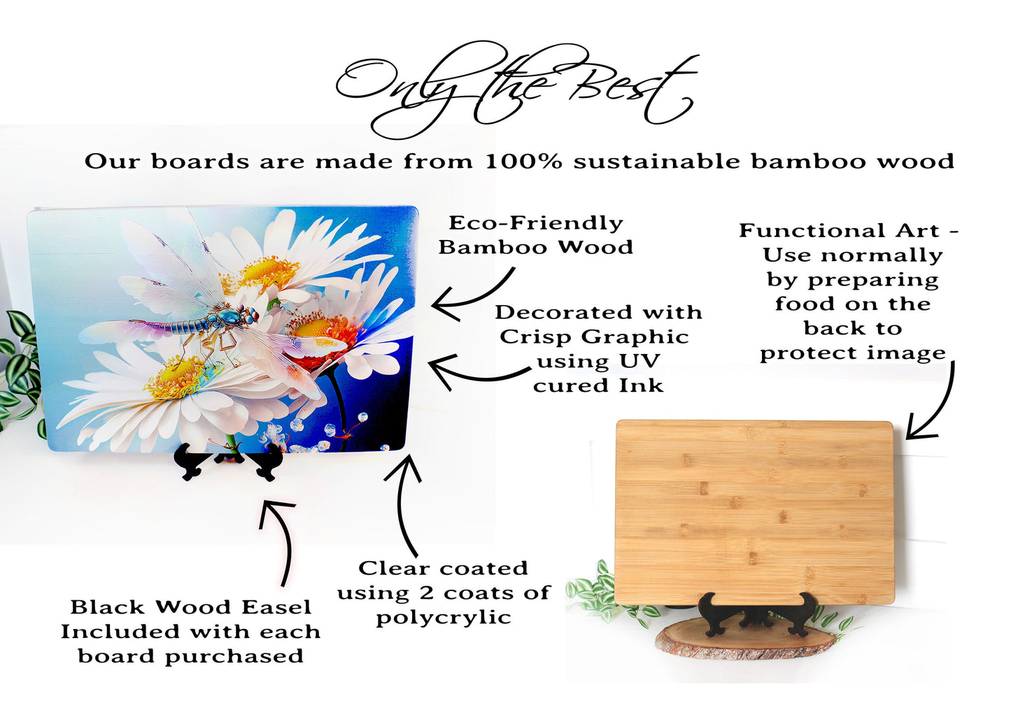 Dragonfly and Daisy Flowers Brighten up your Kitchen Decor, an Environmentally Friendly Bamboo Cutting Board Decorated with UV Ink