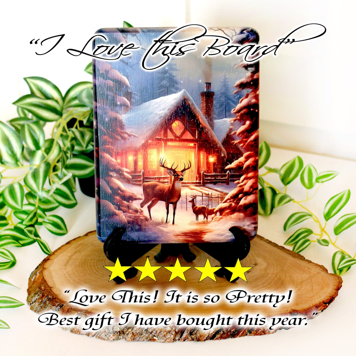Winter Cabin Cutting Board, Rustic Winter Deer Kitchen Decor, Environmentally Friendly Bamboo Cutting Board decorated using UV Ink