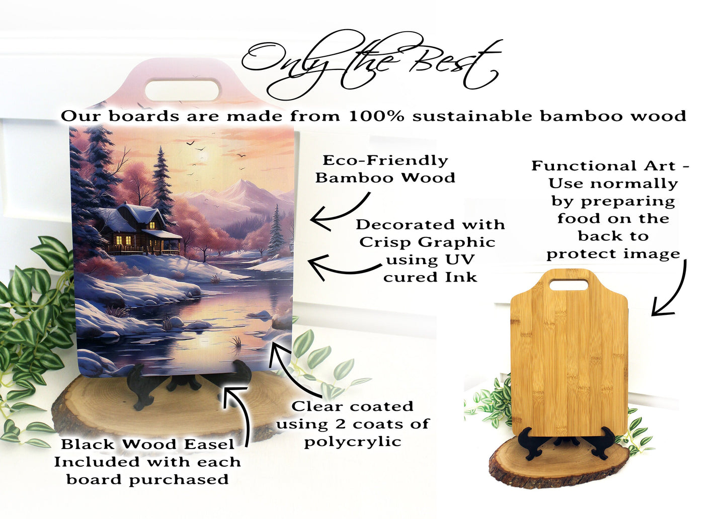 Winter Cabin Cutting Board, Rustic Winter Cabin & Stream Kitchen Decor, Environmentally Friendly Bamboo Cutting Board decorated using UV Ink