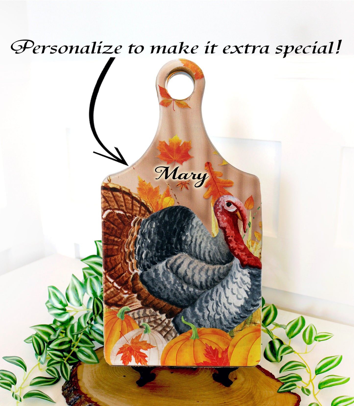 Fall Turkey on a Paddle Cutting Board Brighten up your Kitchen Decor with this Environmentally Friendly Bamboo Board Printed with UV Ink