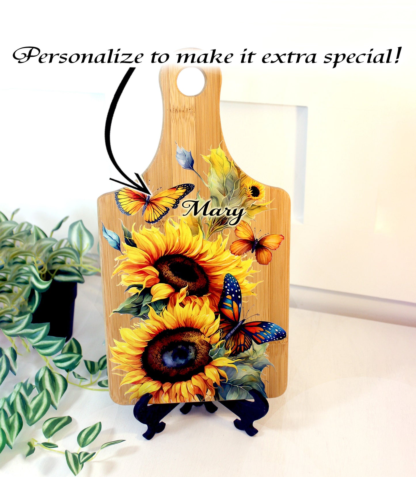 Sunflowers & Butterflies Kitchen Decor, Personalized Bamboo Wood Sunflower Paddle Cutting Board is a great Environmentally Friendly Gift