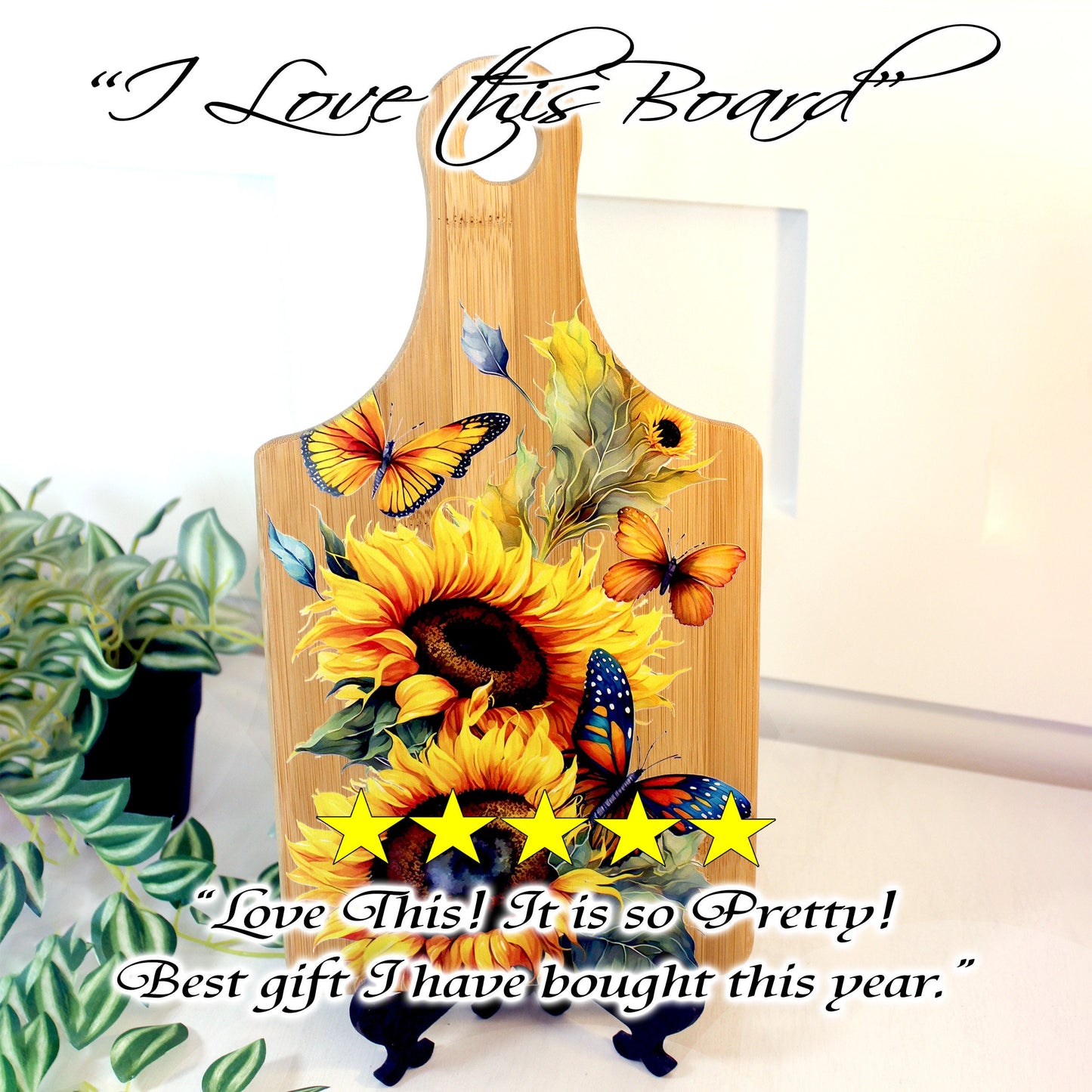 Sunflowers & Butterflies Kitchen Decor, Personalized Bamboo Wood Sunflower Paddle Cutting Board is a great Environmentally Friendly Gift