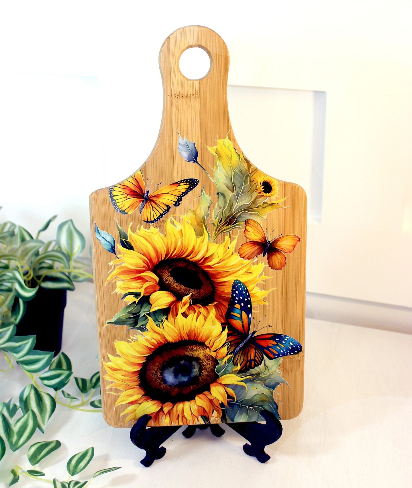 Sunflowers & Butterflies Kitchen Decor, Personalized Bamboo Wood Sunflower Paddle Cutting Board is a great Environmentally Friendly Gift