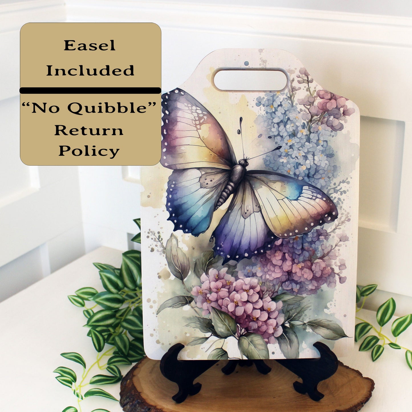 Butterfly Violets Kitchen Decor, Environmentally Friendly Handled Bamboo Cutting Board Decorated with UV Ink with Unique Butterfly w/Violets
