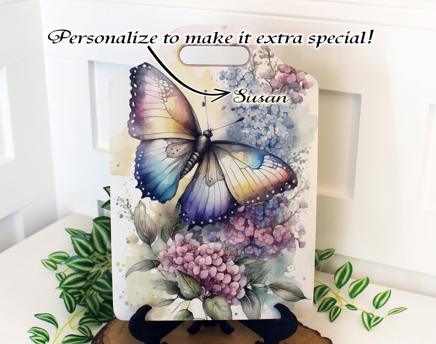 Butterfly Violets Kitchen Decor, Environmentally Friendly Handled Bamboo Cutting Board Decorated with UV Ink with Unique Butterfly w/Violets