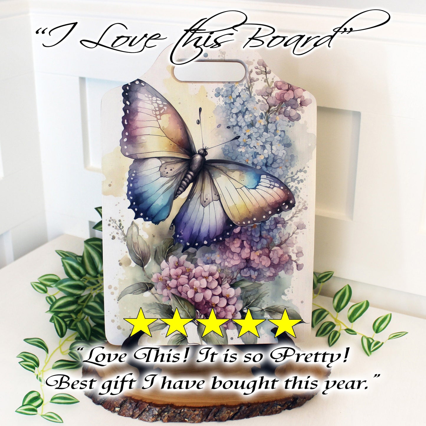 Butterfly Violets Kitchen Decor, Environmentally Friendly Handled Bamboo Cutting Board Decorated with UV Ink with Unique Butterfly w/Violets