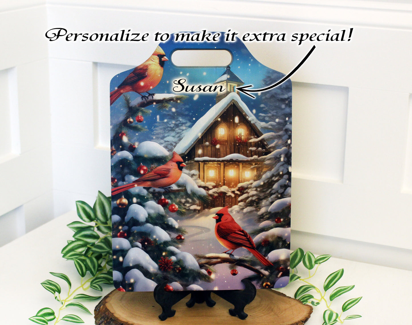 Christmas Cardinal Cutting Board, Rustic Winter Cabin Christmas Cardinals Decor, Environmentally Friendly Bamboo Cutting Board using UV Ink