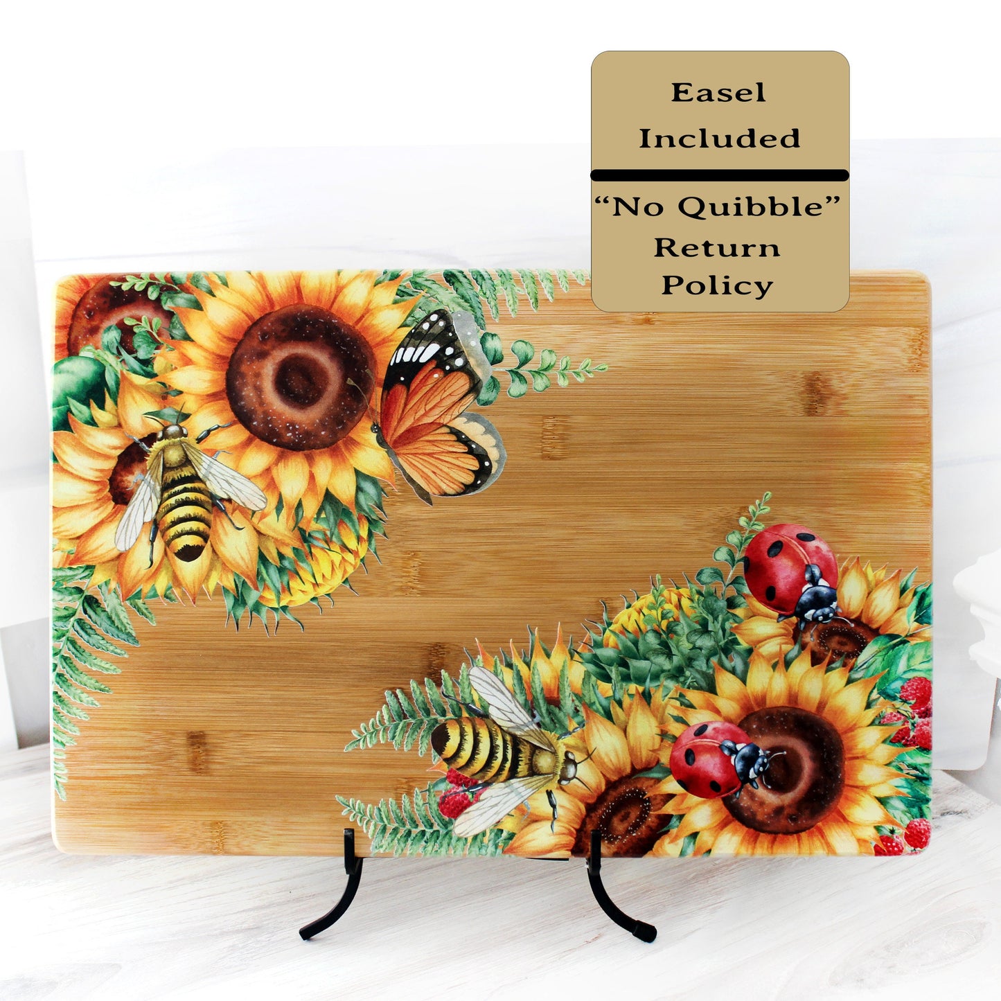 Sunflowers, Butterflies, Bees & Lady Bugs Brighten up your Kitchen Decor with this Environmentally Friendly Bamboo Board Printed with UV Ink