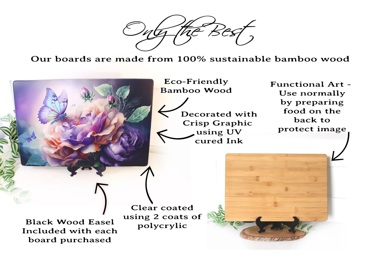 Large Blue Butterfly with Purple Roses Brighten up your Kitchen Decor, Environmentally Friendly Bamboo Cutting Board Decorated with UV Ink