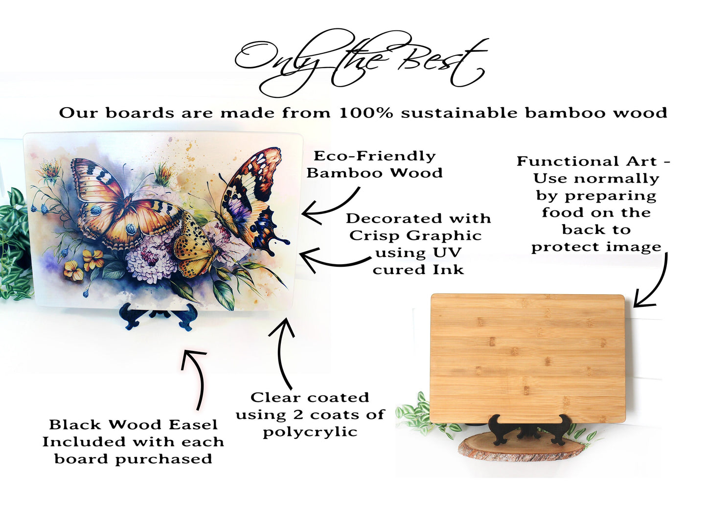 Colorful Butterflies with Spring Flowers Brighten up your Kitchen Decor, Environmentally Friendly Bamboo Cutting Board Decorated with UV Ink