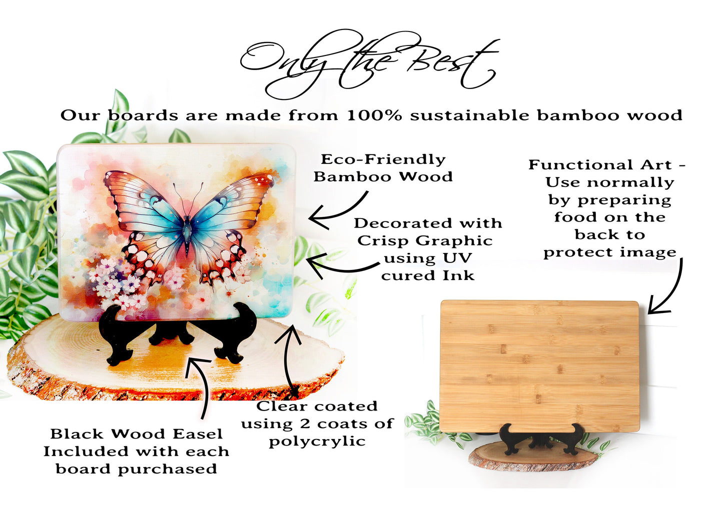 Colorful Blue Butterfly, Spring Flowers Brighten up your Kitchen Decor, Environmentally Friendly Bamboo Cutting Board Decorated with UV Ink