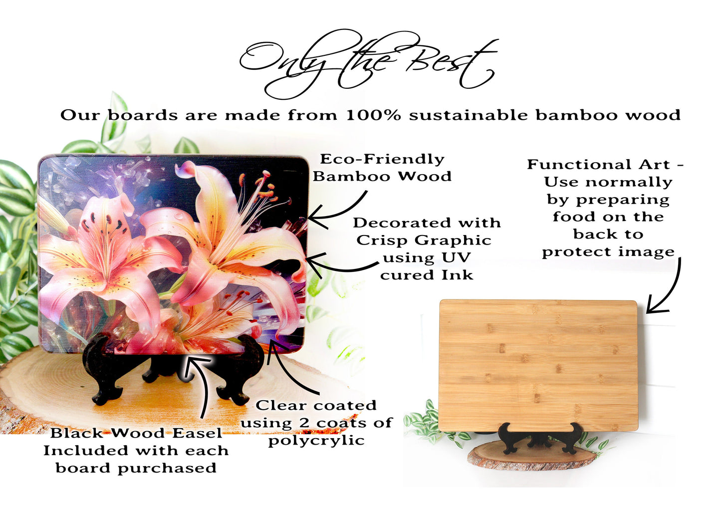 Pink and Yellow Lilies Kitchen Decor, Environmentally Friendly Bamboo Cutting Board Decorated with UV Ink, Unique Lily Floral Design