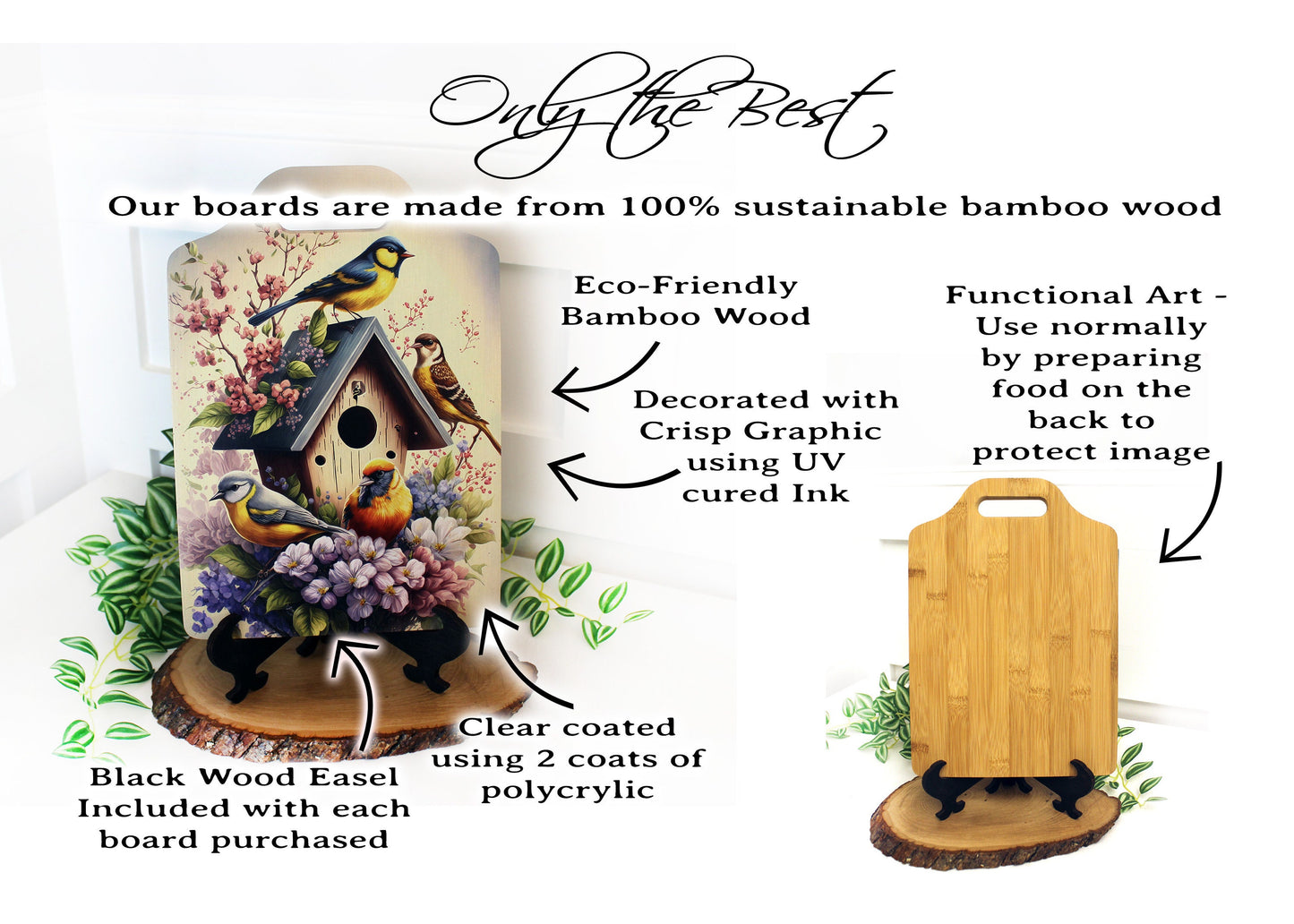 Bird Watcher Kitchen Decor, Environmentally Friendly Handled Bamboo Cutting Board Decorated w/ UV Ink with Unique Birds on Birdhouse Design