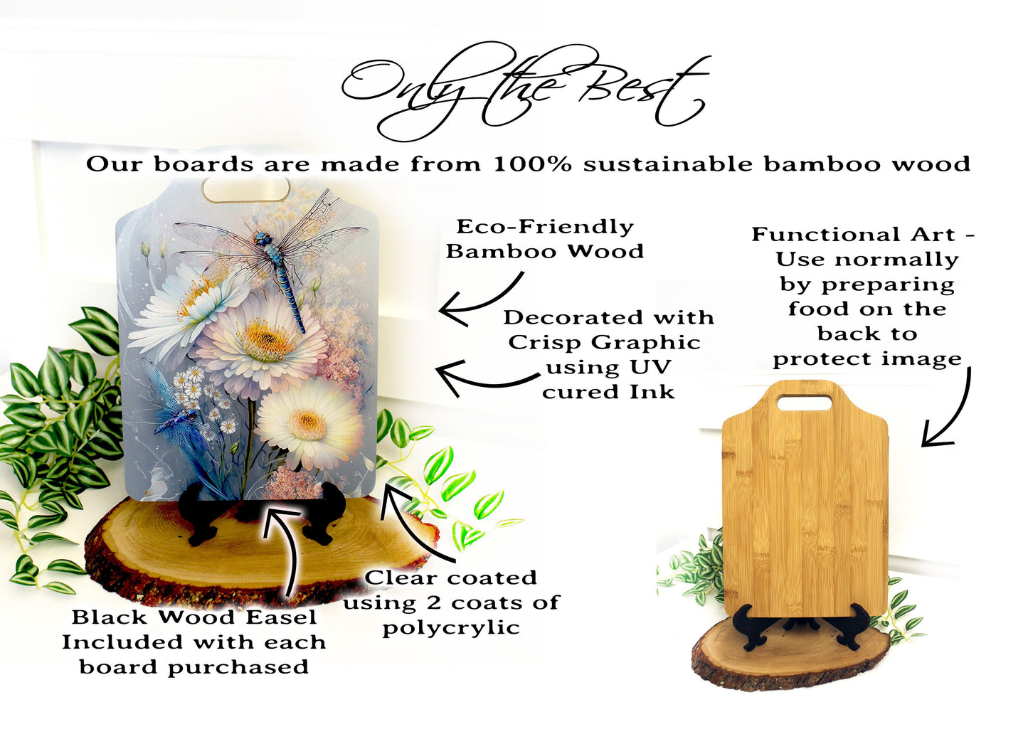 Dragonflies Kitchen Decor, Environmentally Friendly Handled Bamboo Cutting Board Decorated with UV Ink w/Unique Daisies & Dragonflies Design