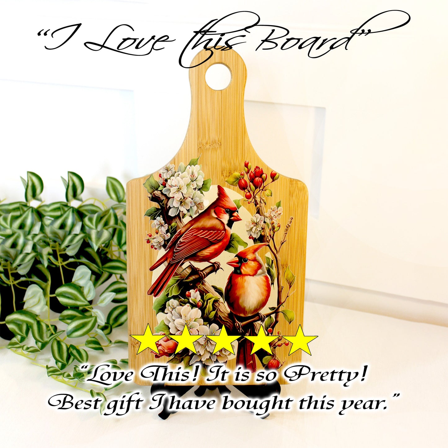 Cardinals & Cherry Blossoms Kitchen Decor, Personalized Bamboo Wood Cardinal Paddle Cutting Board is a great Environmentally Friendly Gift