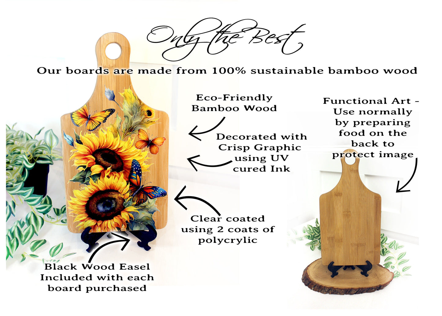 Sunflowers & Butterflies Kitchen Decor, Personalized Bamboo Wood Sunflower Paddle Cutting Board is a great Environmentally Friendly Gift