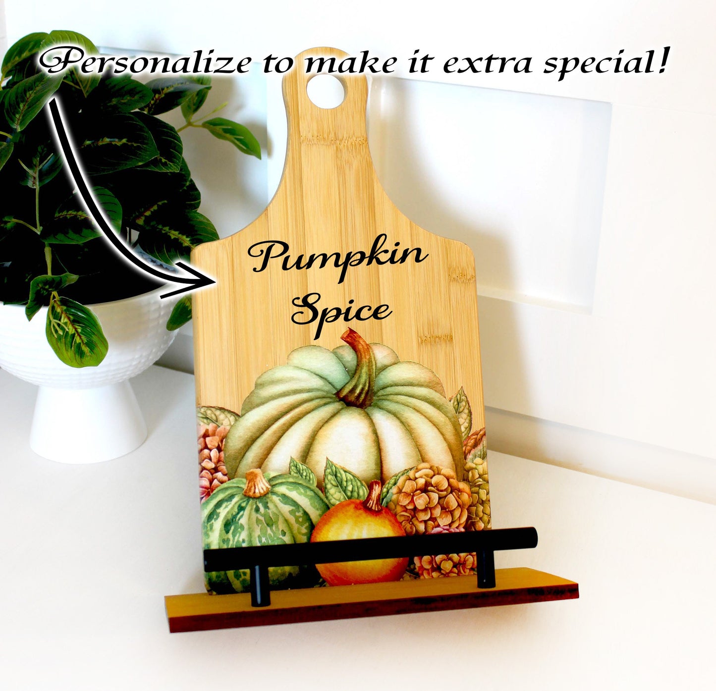 Personalized Decorative Cookbook Stand, Thanksgiving Fall Pumpkin Art Print, Recipe Book Holder, Kitchen Home Decor, Tablet Ipad Stand Gift