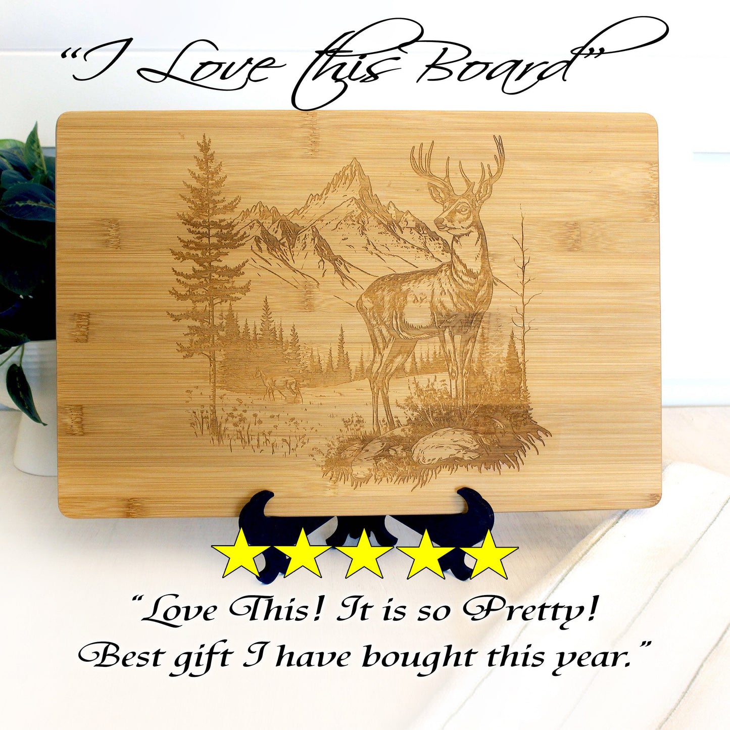 Deer in the Mountains Bamboo Cutting Board is an Engraved Large / Small Board with a Wonderful Design Geared towards Hunters & Nature Lovers