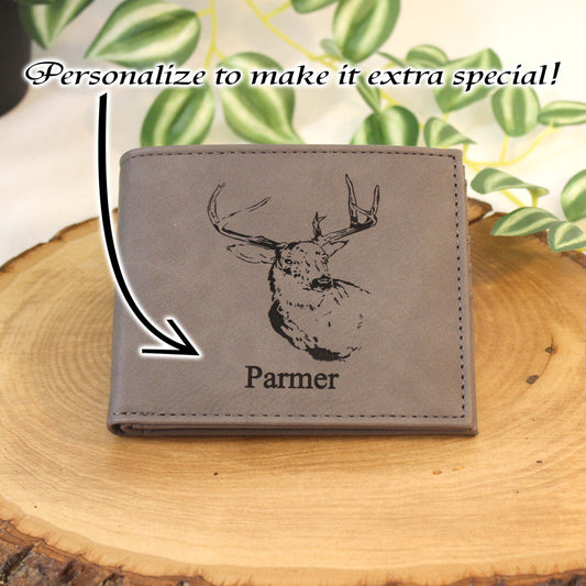 Men's Leather Bifold/Trifold Hunting Wallet - Bifold with flip ID Display. Perfect Hunter's gift. Deer Profile Engraved. Deer Head Wallet