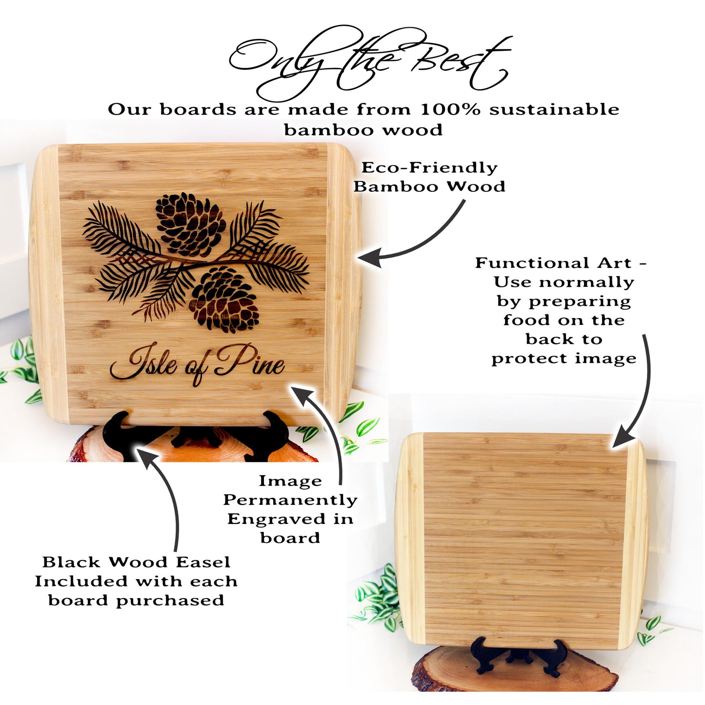 Pine Cone Home Decor - Bamboo Cutting Board with a decorative pinecone design - Environmentally Friendly Gifts, Wooden Easel Included