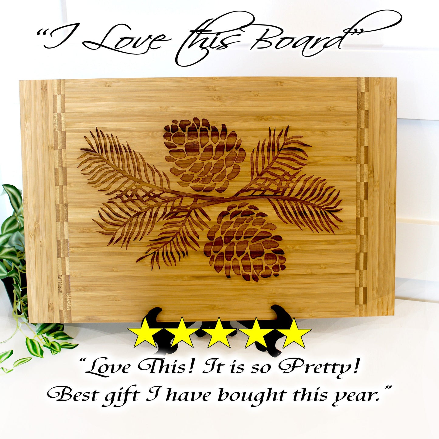 Pine Cone Home Decor - Bamboo Cutting Board with a decorative pinecone design - Environmentally Friendly Gifts, Wooden Easel Included