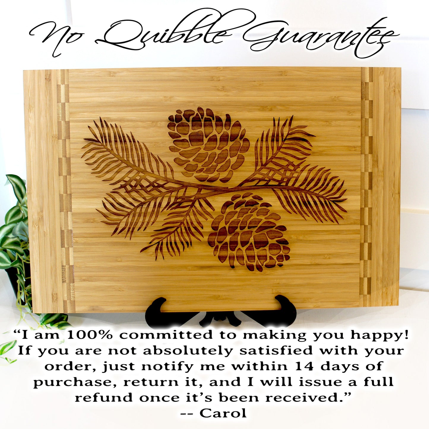 Pine Cone Home Decor - Bamboo Cutting Board with a decorative pinecone design - Environmentally Friendly Gifts, Wooden Easel Included