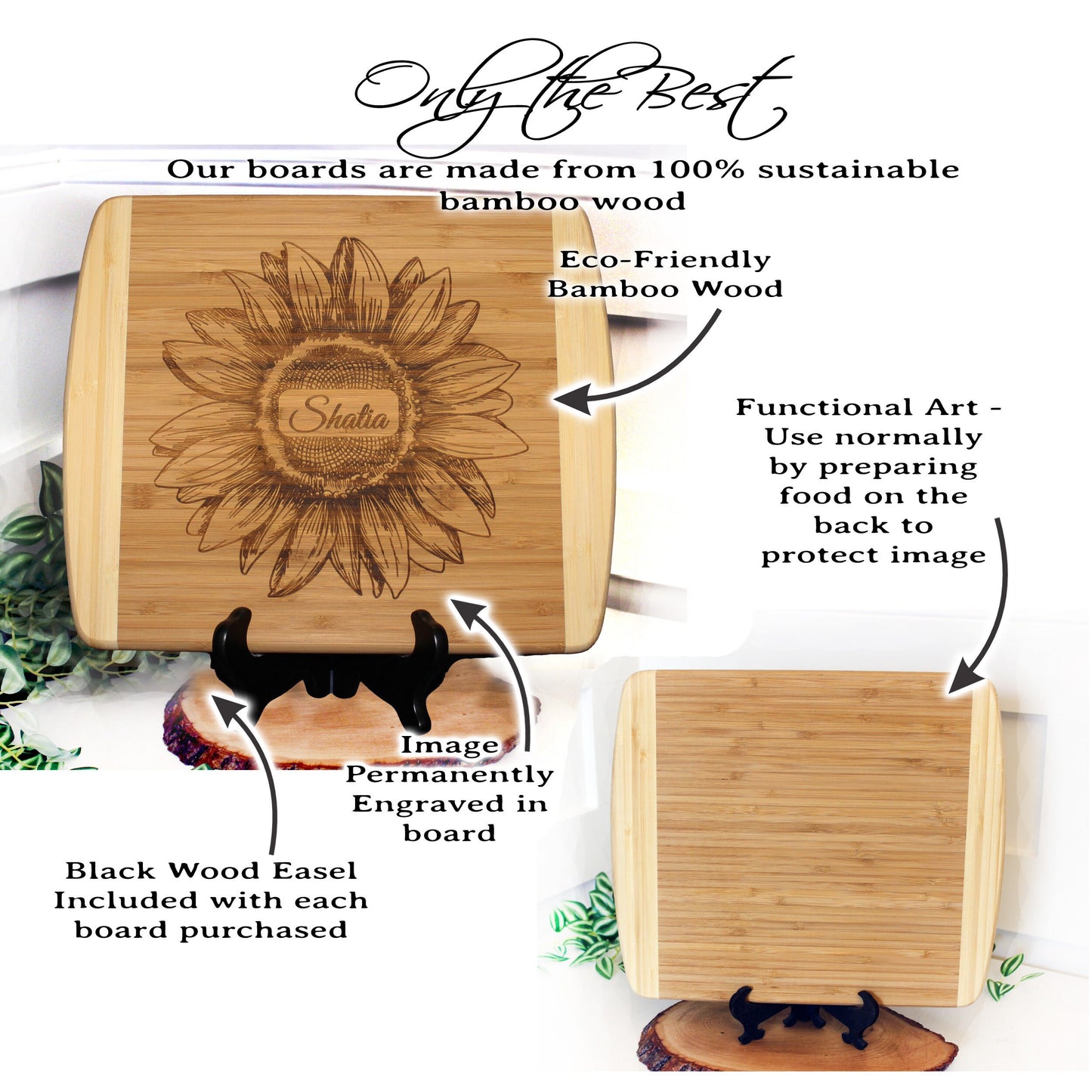 Sunflower Kitchen Decor - Personalized Bamboo Cutting Board for Mother's Day, great Environmentally Friendly Gifts, Wooden Easel Included