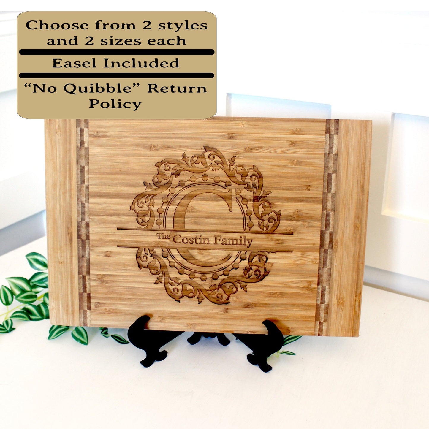 Split Monogram Personalized Bamboo Cutting Board with Easel - Eco-Friendly Housewarming Gift for New Home