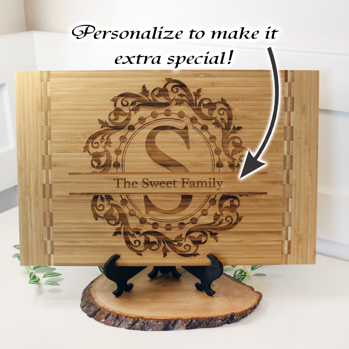 Split Monogram Personalized Bamboo Cutting Board with Easel - Eco-Friendly Housewarming Gift for New Home
