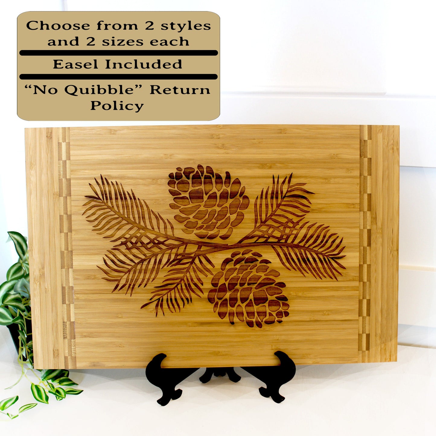 Pine Cone Home Decor - Bamboo Cutting Board with a decorative pinecone design - Environmentally Friendly Gifts, Wooden Easel Included