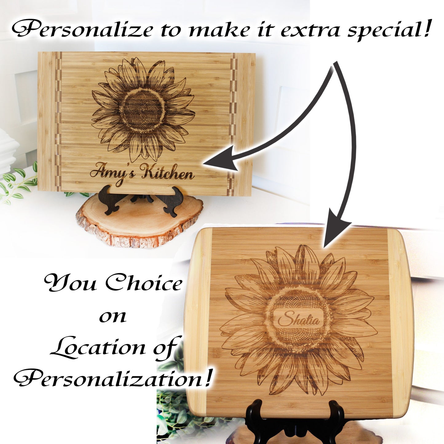 Sunflower Kitchen Decor - Personalized Bamboo Cutting Board for Mother's Day, great Environmentally Friendly Gifts, Wooden Easel Included